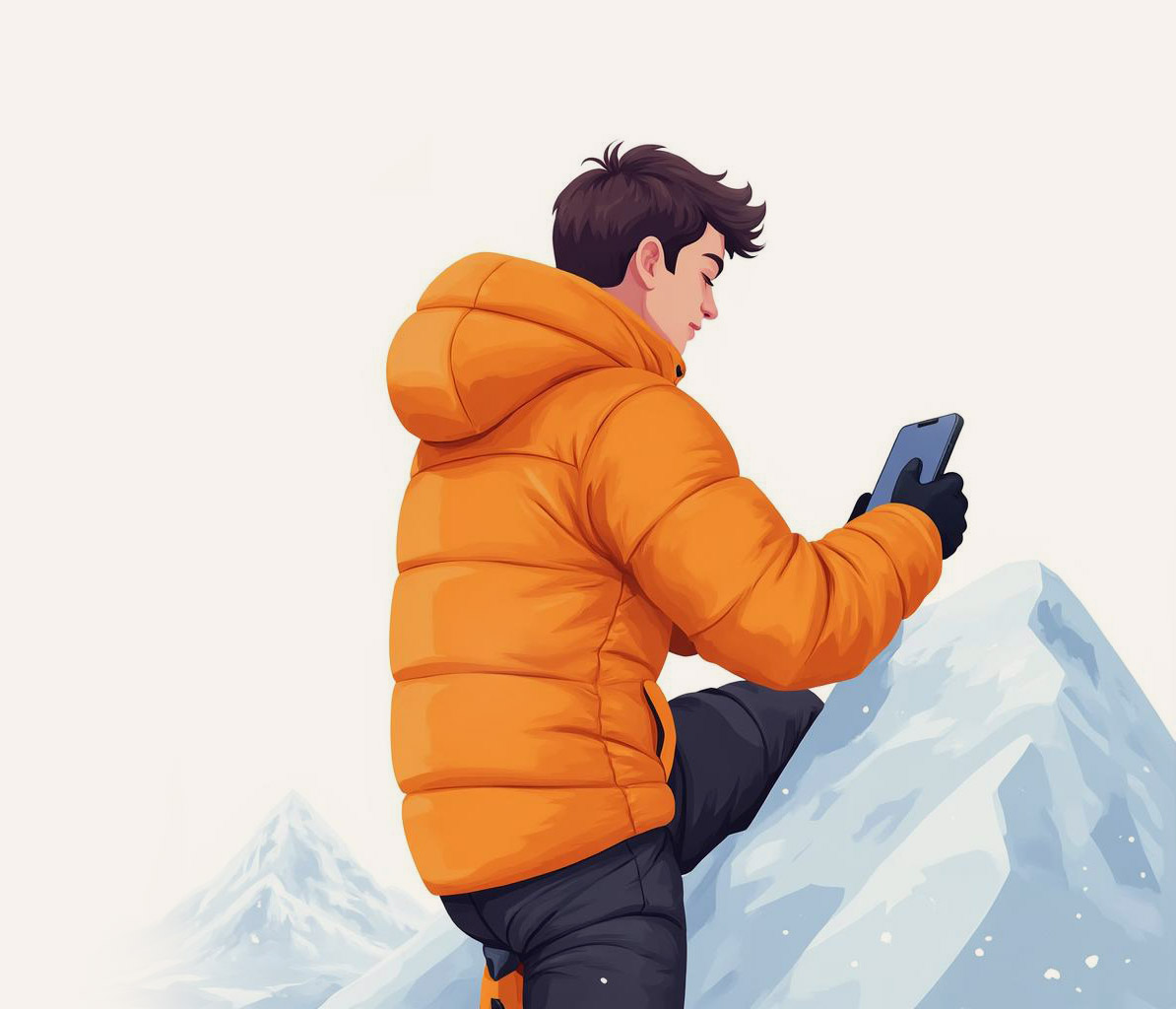 A marketer checking Peak on their phone partway up a snowy climb